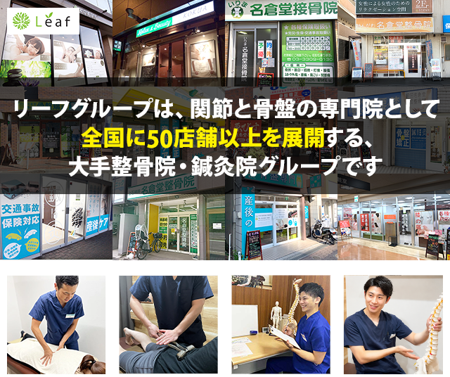 リーフグループは、関節と骨盤の専門院として 全国に50店舗以上を展開する 大手整骨院・鍼灸院グループです